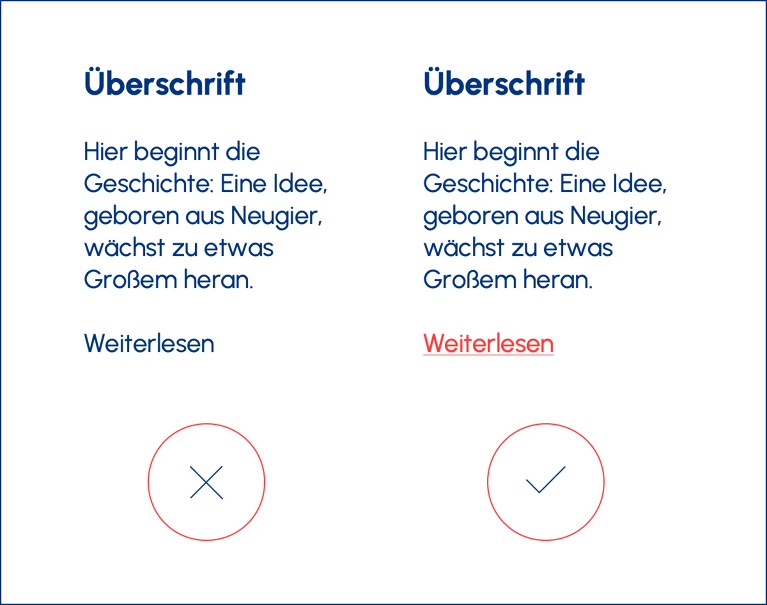 Vergleich: Links sieht der Link auf wie der restliche Text, rechts ist er unterstrichen und farblich markiert