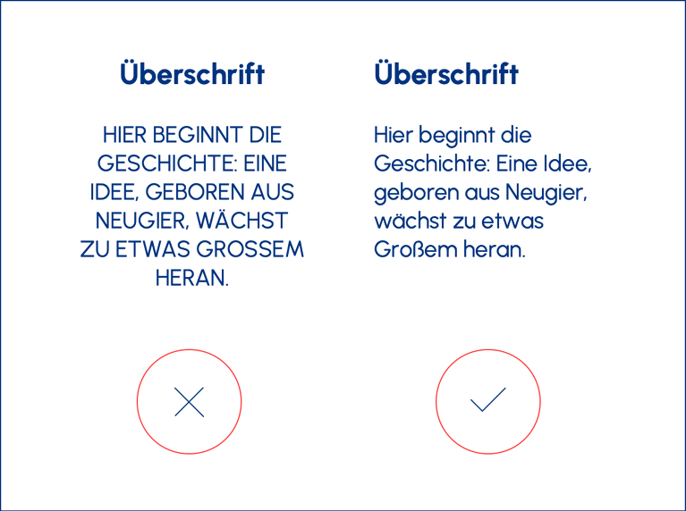 Vergleich: Links Text zentriert und in Großbuchstaben, rechts linksbündig und Groß- und Kleinschreibung