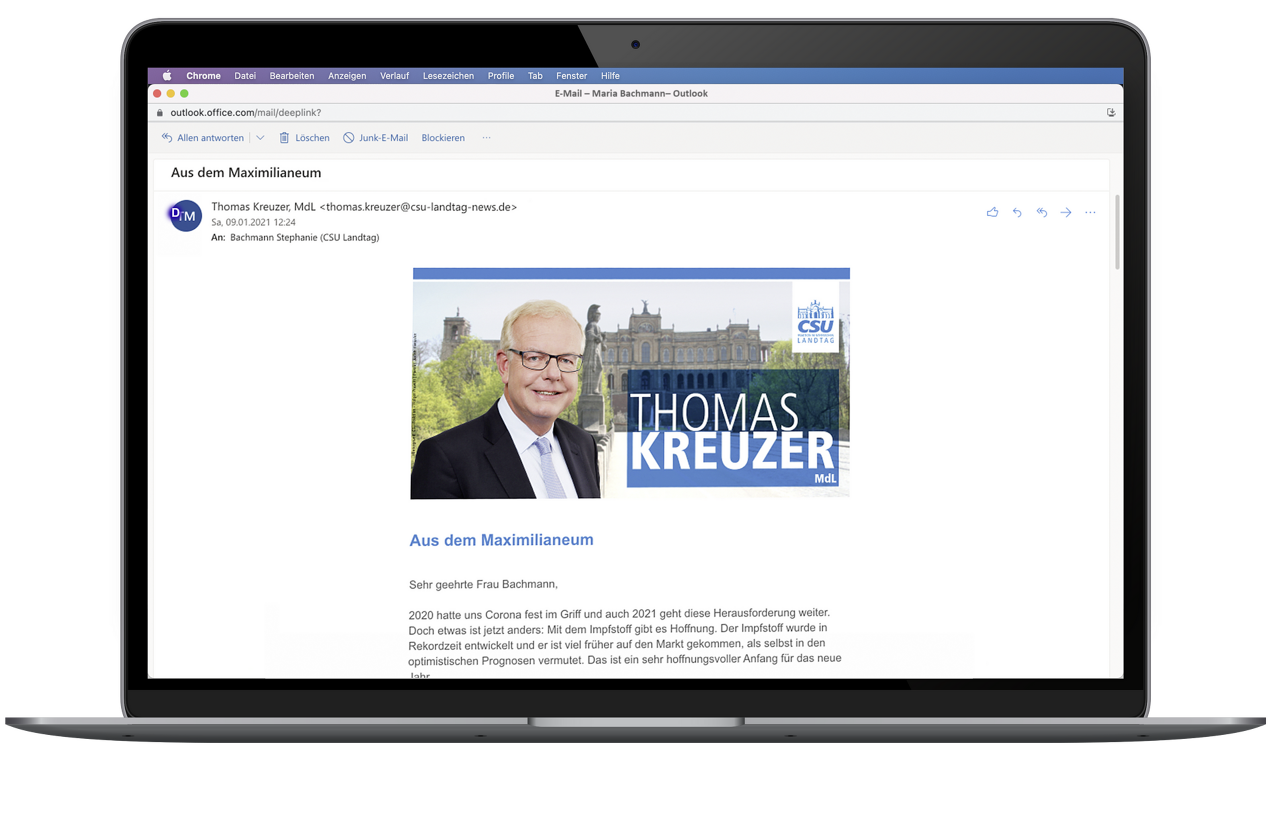 Aufgeklappter Laptop zeigt beispielhaften Newsletter der CSU