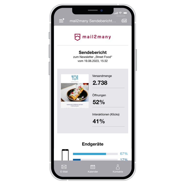 Smartphone mit beispielhaftem Sendebericht eines Newsletters
